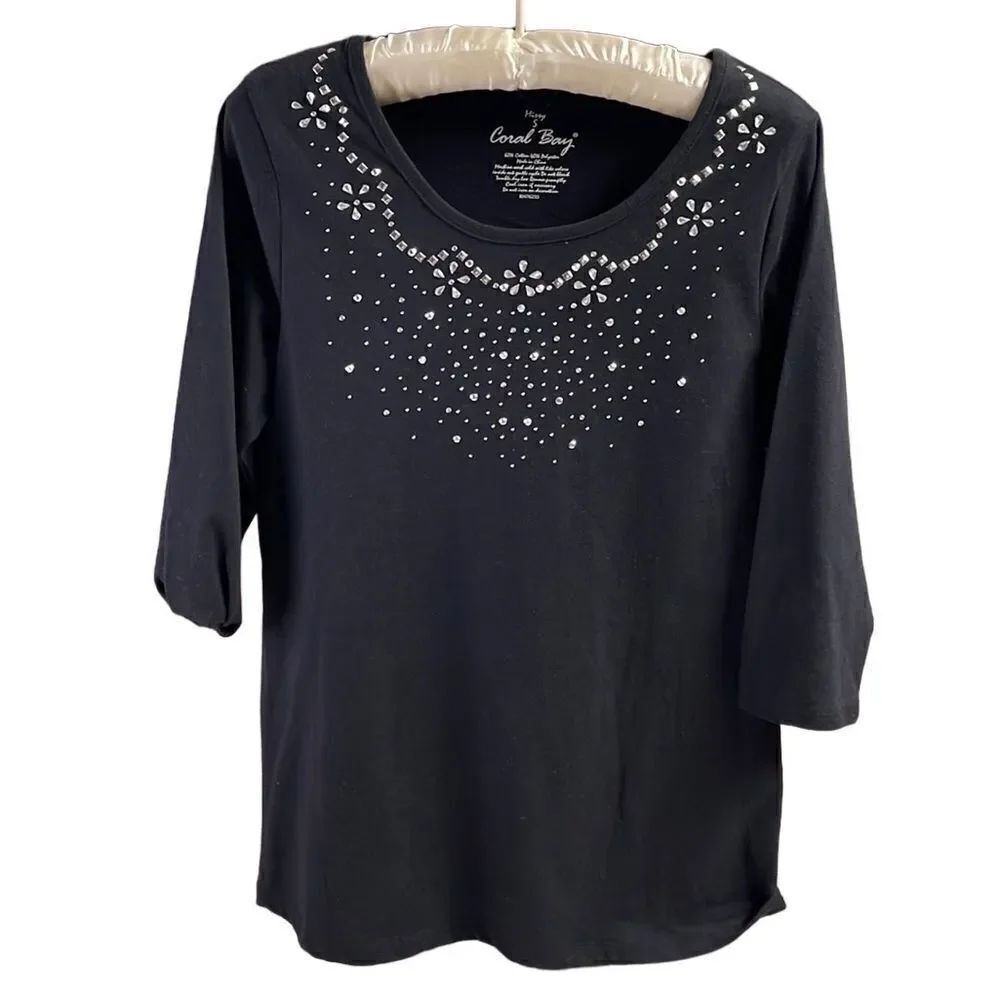 CORAL BAY Ladies Vneck Rhinestone Embellishment Blouse Top, Missy Small, Black